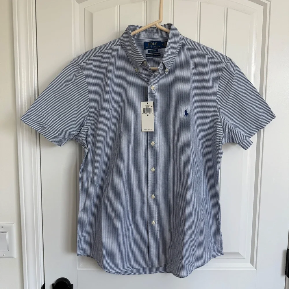 Polo Ralph Lauren Classic Fit Blue Seersucker Short Sleeve Button Men Medium NWT